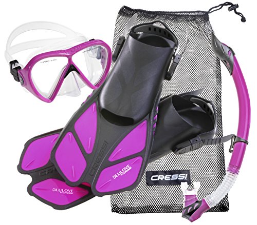 cressi Tauchset BONETE DELUXE (Tauchmaske, Schnorchel, Flossen & Netzbeutel) – Purple – Gr. S/M – 36/42